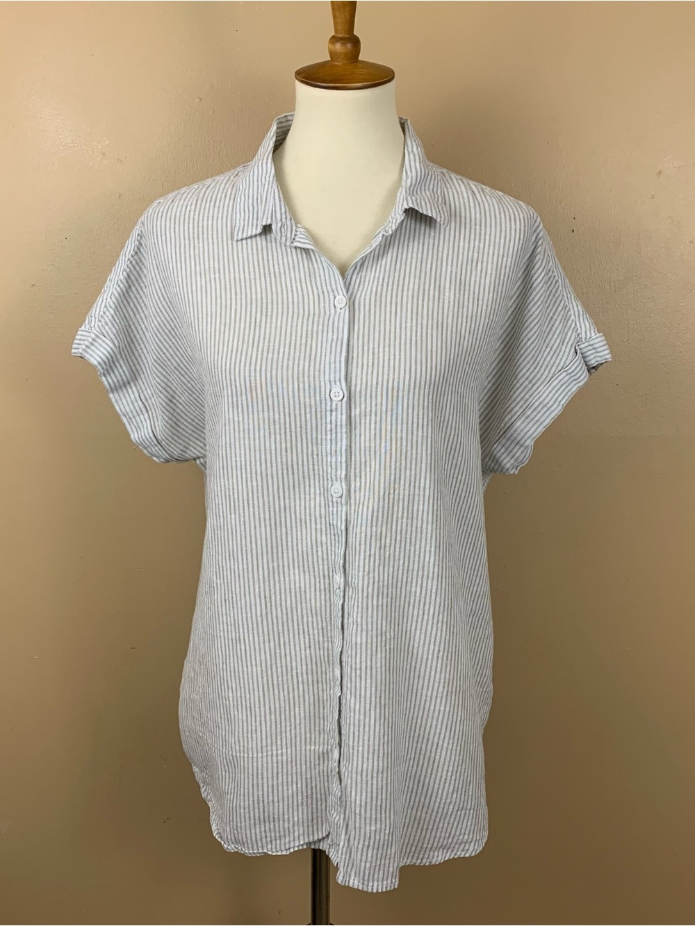 Beach Lunch Lounge Top Womens Large White Striped Linen Cotton Casual Button Up